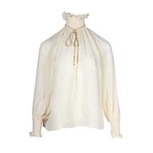 Celine Ruched Neck and Rope Necklace Detail Top in Cream Silk